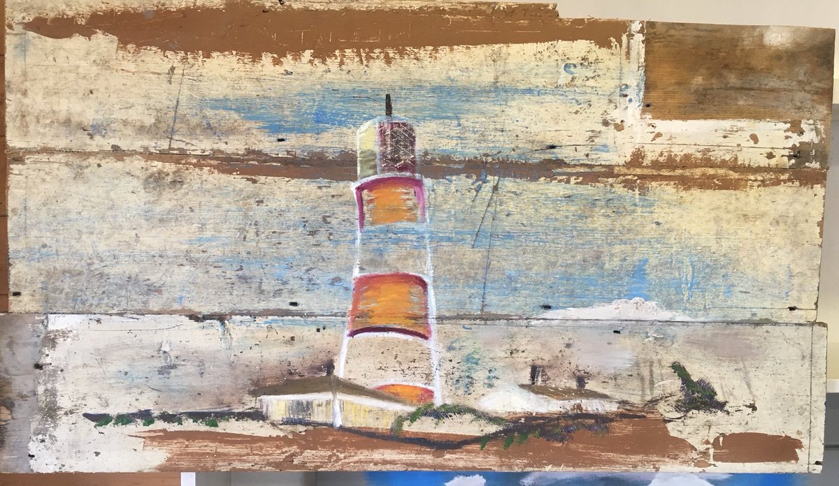 tomthebrus's tweet photo. The old lighthouse , happisburgh . Depiction in oil paint on reclaimed floor boards 24’x42’ . For sale .#brancasterstaith#thefishshed#northnorfolkcoastalpath https://t.co/YtVVFn9UKH