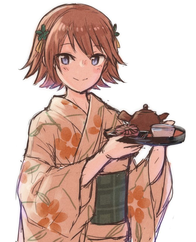 hiei (kancolle) 1girl japanese clothes solo short hair kimono brown hair white background  illustration images