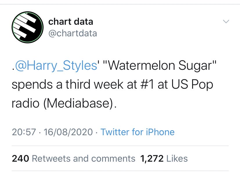 In addition to Watermelon Sugar spending a third week at #1 on pop radio, Adore You reaches #1 at US AC radio. Adore you reached #1 in THREE radio formats.
