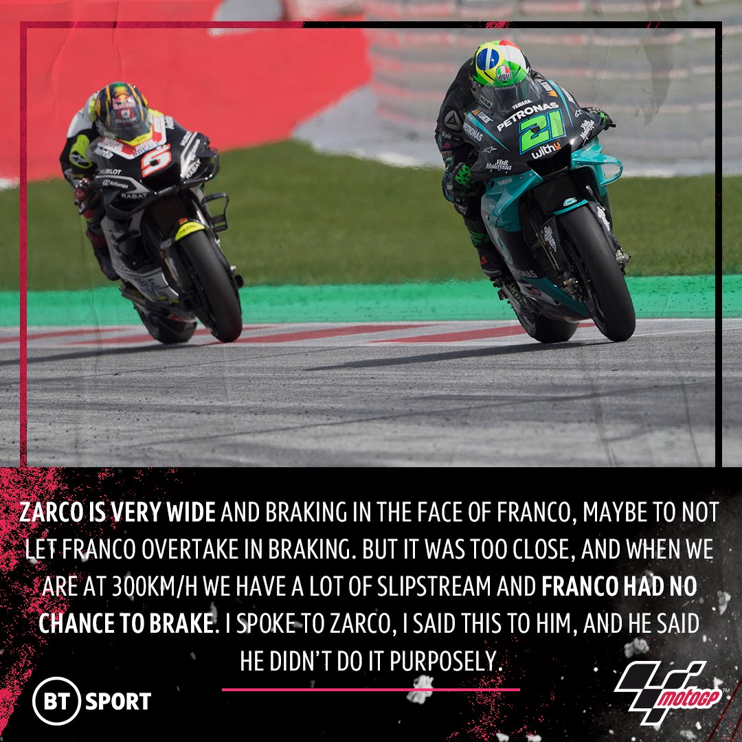 bikesontnt's tweet photo. "We have to pray to somebody tonight." 

"This is a potentially dangerous place. But the lack of respect between riders is more dangerous."

Valentino Rossi has had his say on the #AustrianGP 

He's less than impressed with the manoeuvre Johann Zarco tried to pull 😤 https://t.co/DoNXJK5VpI