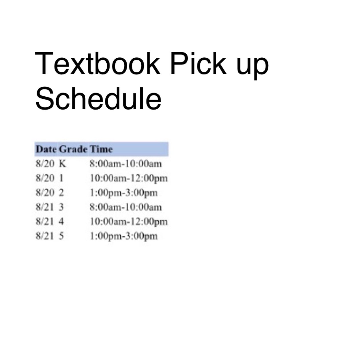 FUSD_Juniper's tweet photo. We I’ll be hosting textbook pick up on Thursday (K-2) and Friday (gr. 3-5) this week. Please see the attached schedule for the correct dates and times for you student(s). Please note that students must come during their scheduled grade level time. @FUSD_Juniper @FontanaUnified https://t.co/9Imhohm4NN