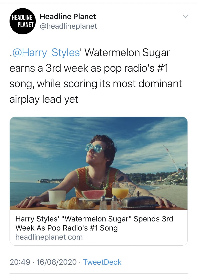 Harry reaches 44M monthly listeners on Spotify for the first time “Fine Line” was the third most streamed male album on August 13th with over 9 million streams. “Watermelon Sugar” spends THIRD week at #1 at pop radio USA.