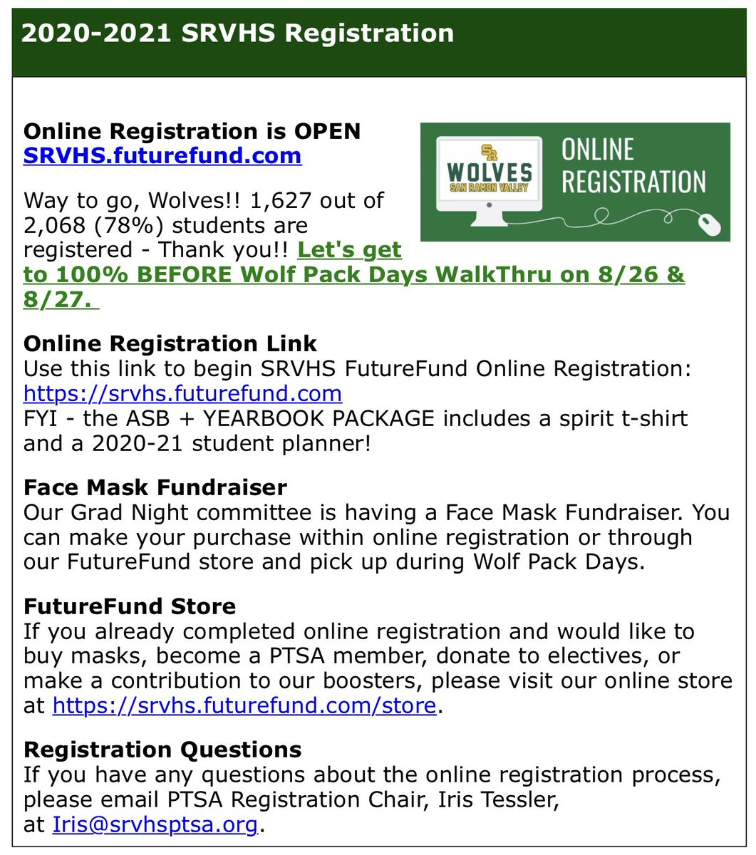 🔰Online Registration is OPEN
👉🏼 SRVHS.futurefund.com 👈🏼

Way to go, Wolves!! 1,627 out of 2,068 students are registered (78%) - Thank you!! Let’s get to 100% BEFORE Wolf Pack Days WalkThru on 8/26 &amp; 8/27. 

@MrK_SRVHS <a href="/AnnMarieRosie/">Ann-Marie Walters</a> <a href="/AP_OHanley/">Olivia Hanley</a> <a href="/SRVHSPTSA/">SRVHS PTSA</a> <a href="/srvathboosters/">SRV Ath Boosters</a>
