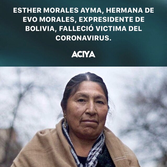 Esther Morales, hermana de Evo Morales, falleció a causa de la COVID-19. Así lo anunció este a través de Twitter.

Evo sentenció: “Por qué tanto odio, racismo y persecución política que me impiden ver, por última vez, a mi única hermana.“