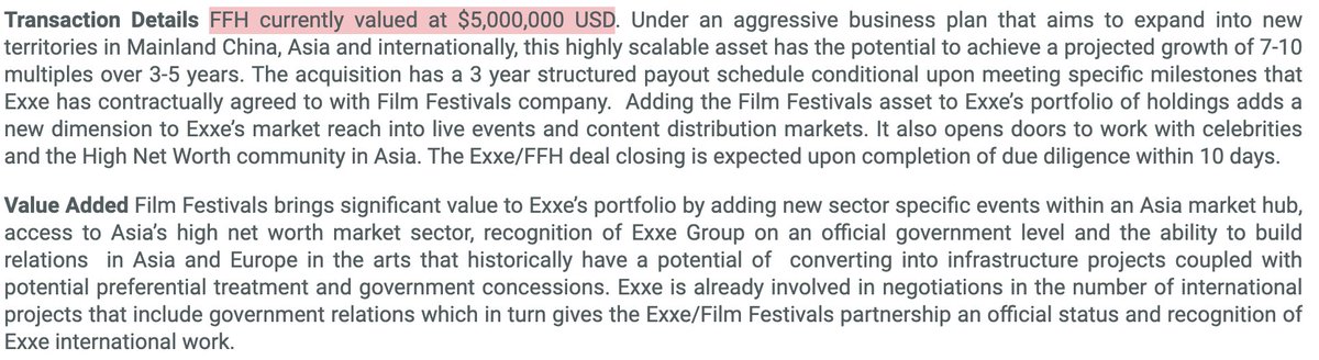  $AXXA 6- MEDIA & ENTERTAINMENTExxe Group, Inc is pleased to announce the implementation of the letter of intent to acquire control of Festivals and Live Events Holding company (“Film Festivals”,“FFH”) https://www.globenewswire.com/news-release/2019/03/12/1752058/0/en/Exxe-Diversifies-into-Asian-Markets-Film-Festivals-and-Foreign-Content-Distribution-Rights.html