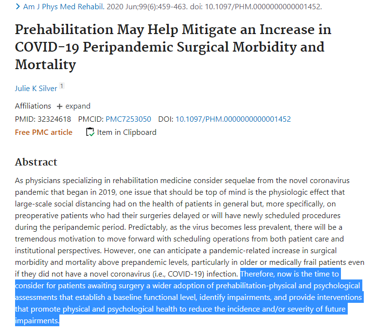3/7:  #Prehabilitation May Help Mitigate an Increase in  #COVID19 Peripandemic Surgical Morbidity and Mortality  @AJPMRjournal One can anticipate  #pandemic surgical morbidity/mortality esp in older/frail patientseven if they did not get  #coronavirus. https://tinyurl.com/y5b4unat 