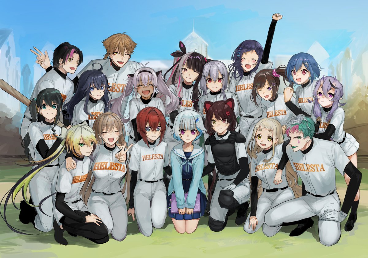 baseball uniform multiple girls 6+girls multiple boys blue hair red hair sportswear  illustration images