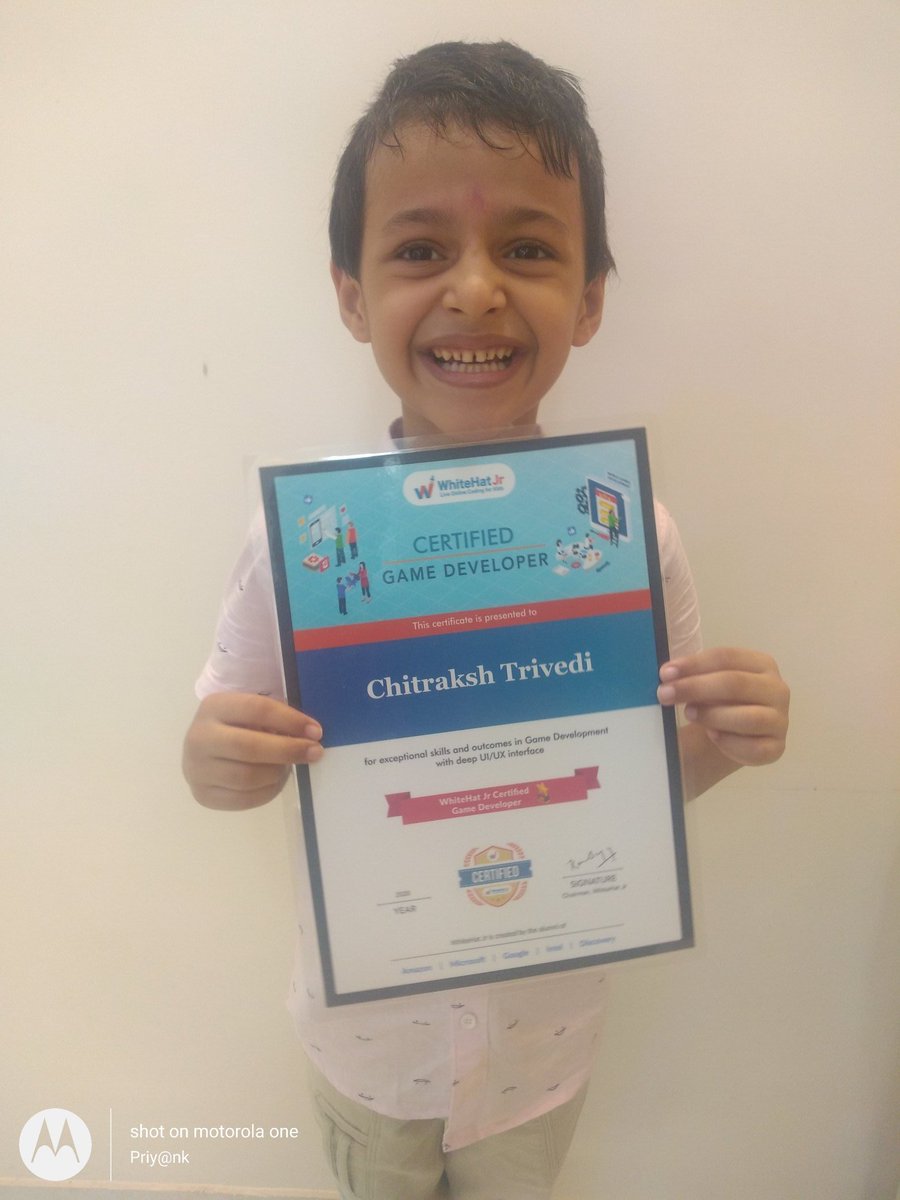 advpriyank's tweet photo. Hi I am Chitraksh Trivedi, I am 7 year old from Mumbai. Firstly I want to thank #WhiteHatJr for making me realise that at this age I can learn coding and no wonder in just 3 months of learning I am certified game developer.@whitehatjunior Visit mywebsite:-https://t.co/J3M28gYyD8 https://t.co/q3ttdrcvtK