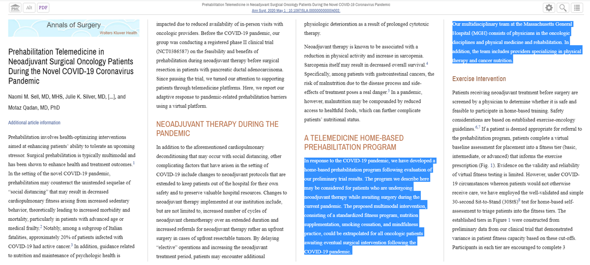 4/7:  #Prehabilitation Telemedicine in  #Neoadjuvant Surgical  #Oncology Patients During the Novel  #COVID19  #Coronavirus Pandemic  @AnnalsofSurgery Since pausing our  #Clinicaltrialsupporting  #patients via  #telemedicine & we report our adaptive protocol. https://tinyurl.com/y6yvqksx&nbsp;