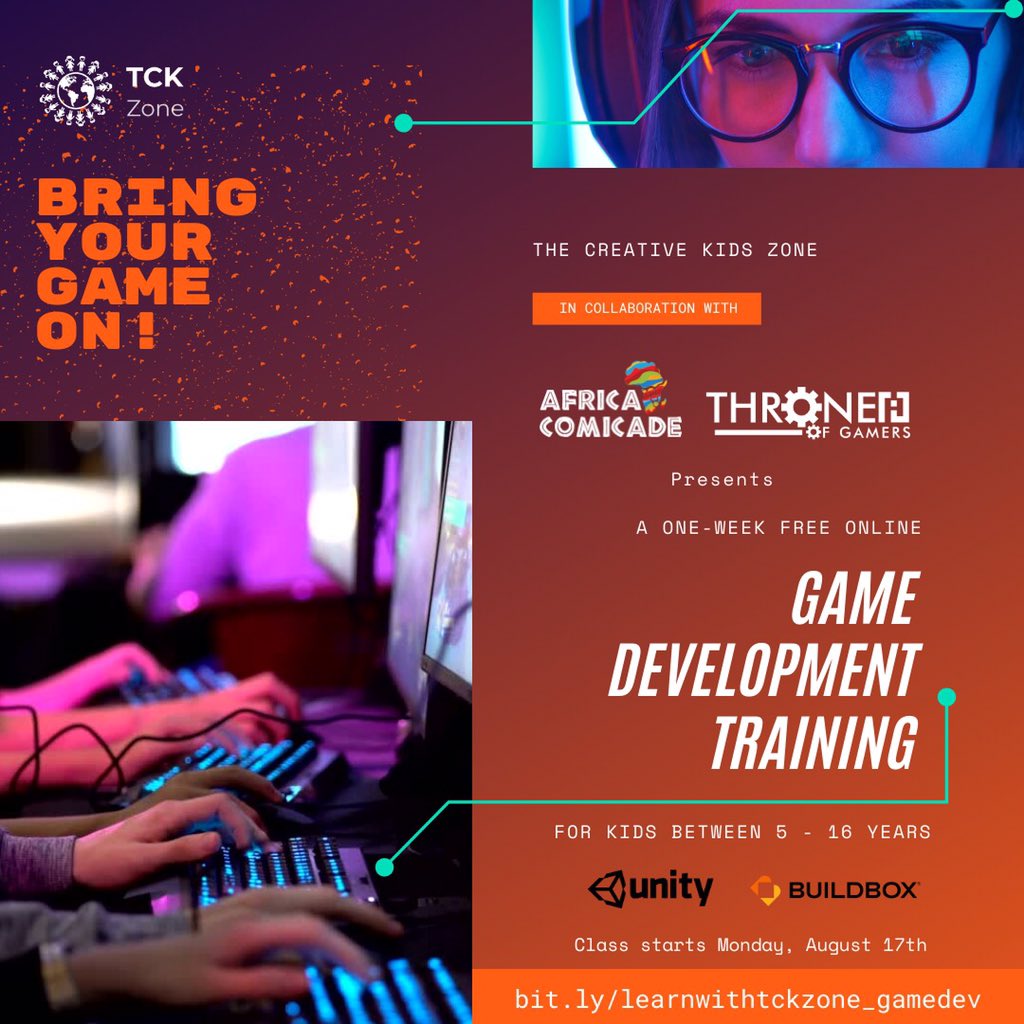 tckzone's tweet photo. TCKZone in collaboration with @africacomicade &amp; @throneofgamers_ is organising a 1week free online game development training on @unity3d &amp; @buildbox 

FOR WHO
Kids btw 5 - 16 years

REGISTER 
https://t.co/If9OtDBedG

#tckzone #kidsintech #gamedevelopment #unity3d #buildbox https://t.co/6g4DerKtR1