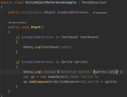 arielsan's tweet photo. When you use UnityEngine.Object fields in your classes you can drag and reference any Unity's object into them so you can perform custom logic depending the type of the object #unitytips #unity3d #unity #unity2d https://t.co/z0Zum4141E