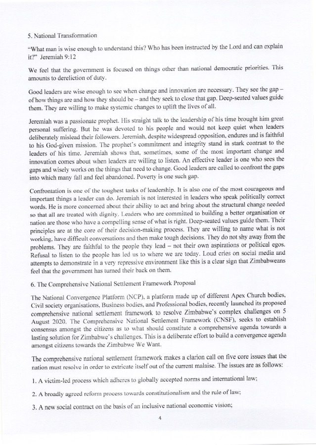 Pastoral letter of the Zimbabwe Catholic Bishops' Conference on the current situation in Zimbabwe