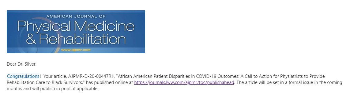 5/7: African American Patient Disparities in COVID-19 Outcomes: A Call to Action for Physiatrists to Provide Rehabilitation Care to Black Survivors  @AJPMRjournal See other work by the authors of this:  @docmosho  @kcodonkorGH  @MVGutierrezMD  #Physiatry https://tinyurl.com/y2964ufe&nbsp;