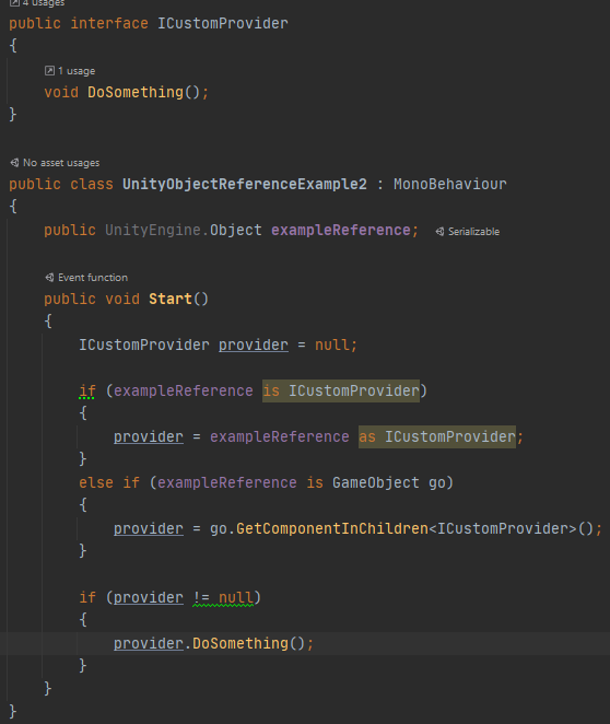 arielsan's tweet photo. You can even use it to reference to an interface from different sources (ScriptableObject or MonoBehaviour) #unitytips #unity #unity3d #unity2d (add an extension method to simplify that access) https://t.co/euGTgtksM0