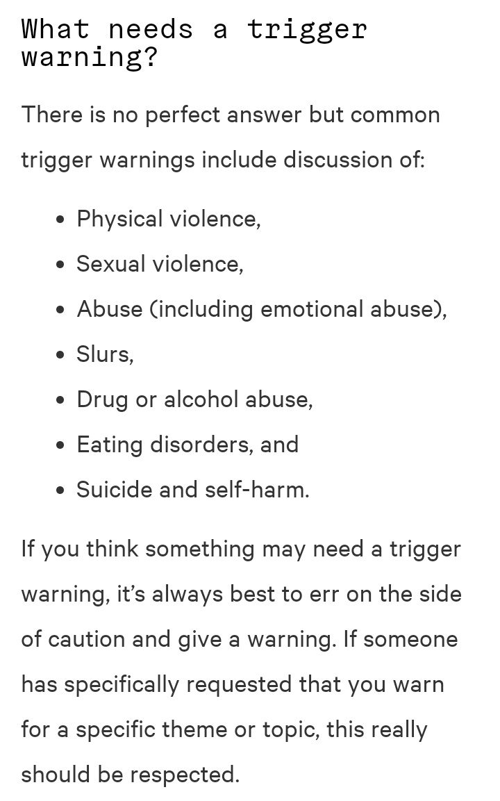 This is a list of some common trigger warnings you can use to help guide you: