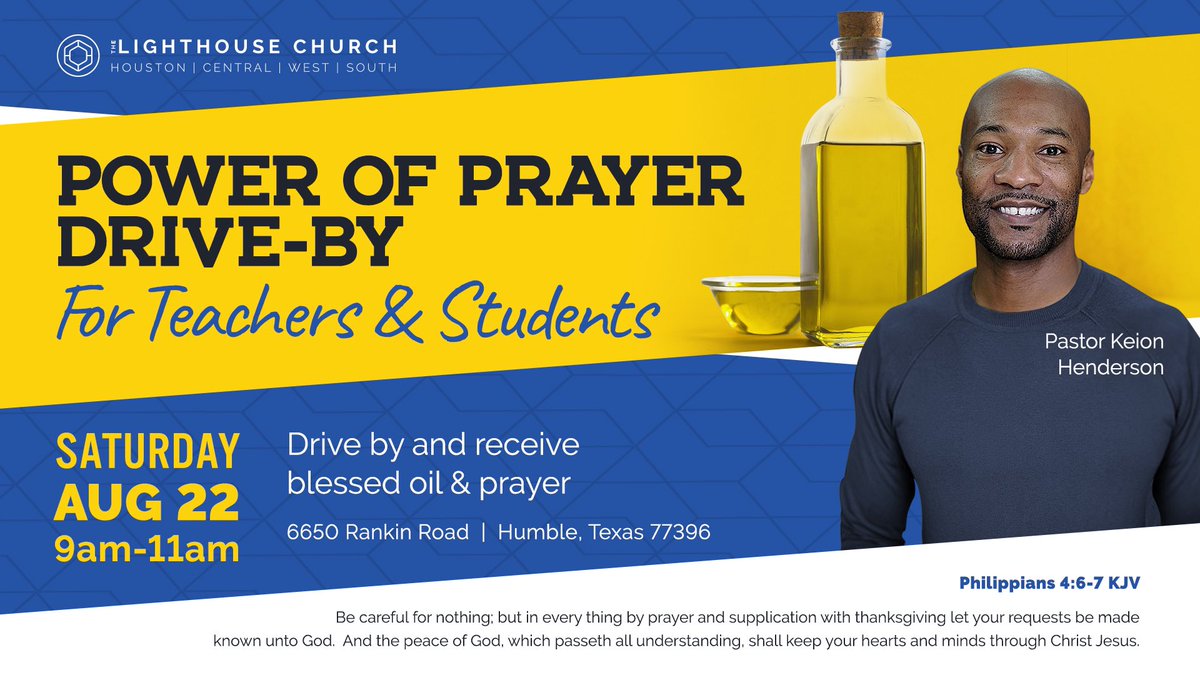 PastorKeion's tweet photo. We Are Praying for our Teachers &amp; Students as they return back to School. Come drive thru to pick up a bottle of blessed oil &amp; receive prayer. | Saturday August 22nd | 9AM -11AM CST @lhhoustonchurch #PowerofPrayer https://t.co/yW489j9muA