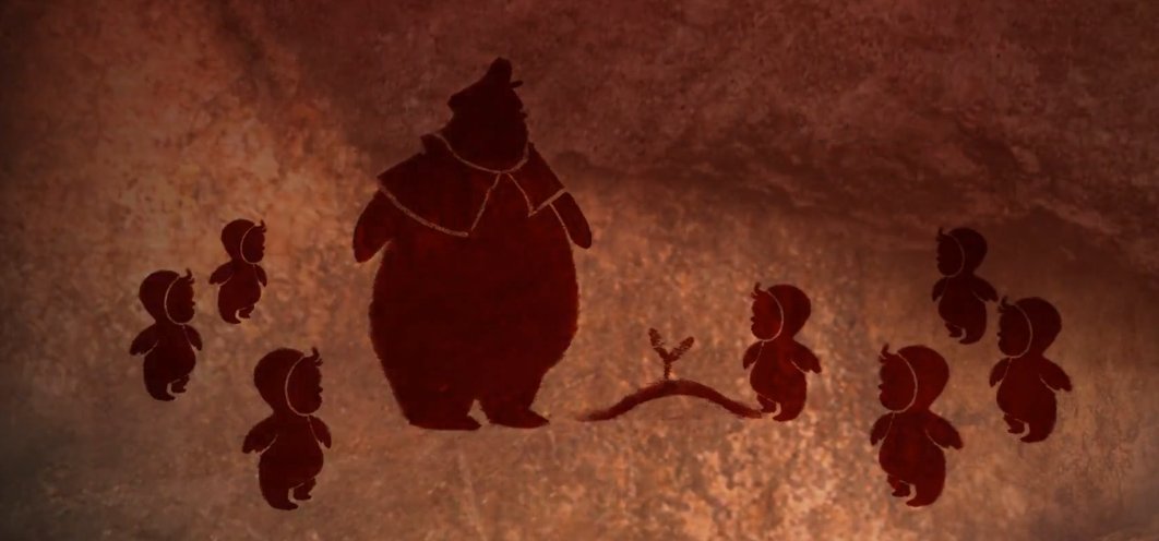 La couleur brune / ocre rouge des figures rappelle les oxydes ferreux utilisés comme pigments dans des grottes comme celles de Lascaux ou d'Altamira + la lumière est vacillante, ce qui suggère que la scène est éclairée à la lampe ou à la torche (comme au Paléolithique).