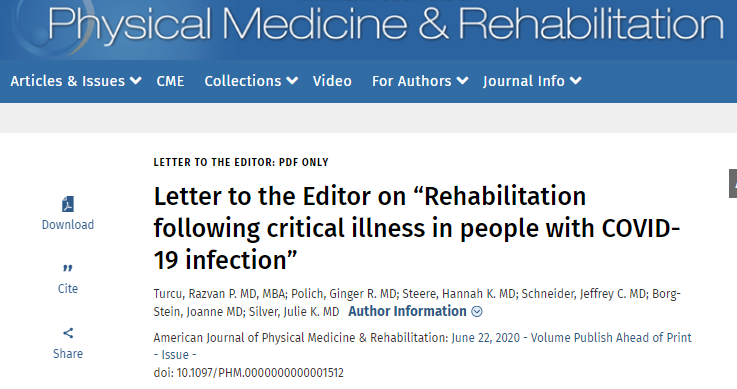 7/7: Looking for chart w/after effects of  #COVID19? Check this letter  @AJPMRjournal by Dr. Razvan Turcu. #Physiatry: learn how  @SpauldingRehab set up  #COVID19  #rehabilitation clinicinvite Dr. Ginger Polich or  @HannahSteereMD for virtual Grand Rounds.  https://tinyurl.com/y2qo454f&nbsp;