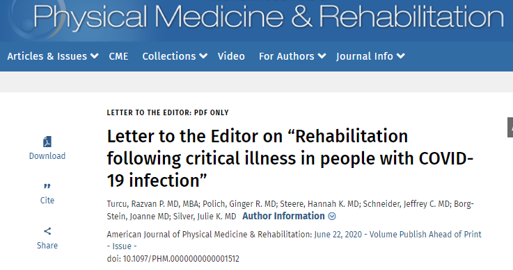 7/7: Looking for chart w/after effects of  #COVID19? Check this letter  @AJPMRjournal by Dr. Razvan Turcu. #Physiatry: learn how  @SpauldingRehab set up  #COVID19  #rehabilitation clinicinvite Dr. Ginger Polich or  @HannahSteereMD for virtual Grand Rounds.  https://tinyurl.com/y2qo454f 