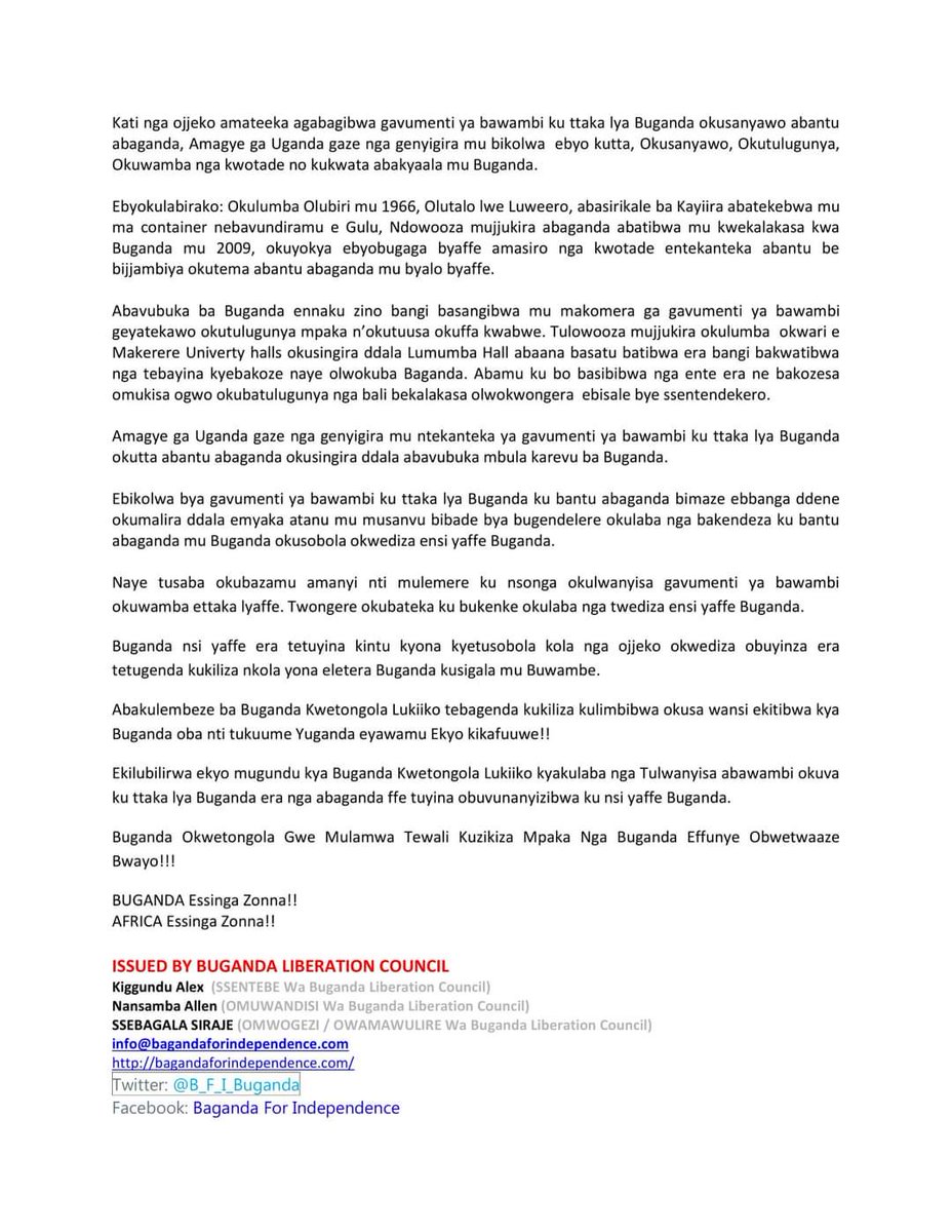 WaMugema's tweet photo. We call upon the international community to intervene immediately before its late. The President of #Uganda has OFFICIALLY declared the Genocide of #Buganda People. #BugandaOkwetongolaGweMulamwa #BugandaReferandum2022 #ExposeGenocideInBuganda #BugandaCrisis https://t.co/VFzu0zcf3I