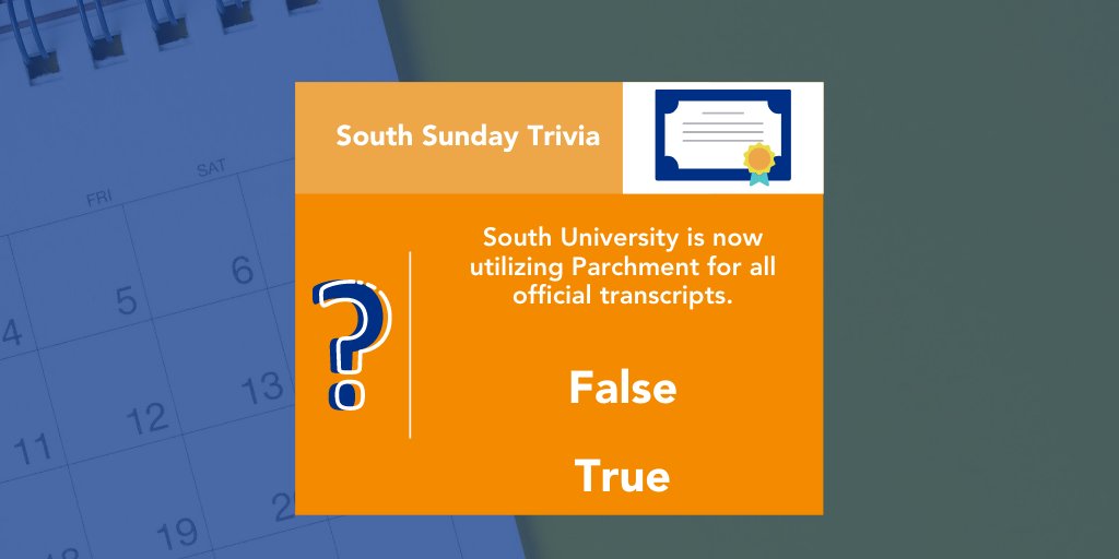 SouthU's tweet image. Sometimes you need a transcript to apply for a job or to obtain a program licensure. South U has updated its process for requesting transcripts. Are we now using the 3rd party platform of Parchment? Tell us your guess!

#SouthSundayTrivia #TranscriptRequest #WhatIsYourGuess