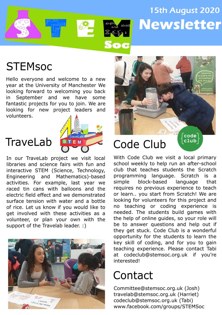 STEMSoc's tweet photo. Welcome back to another year at STEMsoc :).
 
At UoM we are looking for both volunteers and project leaders to help us encourage more students from underprivileged backgrounds to pursue a career in STEM (Science, Technology, Engineering and Mathematics).
 
More details below https://t.co/3etahxuVlh