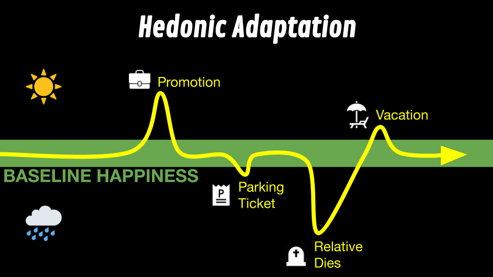 Hedonic Adaptation:Your level of happiness tends to return to a default baseline regardless of positive or negative life events.However, activities conducive to a “flow” state, mindfulness or incorporating variety into daily life can all boost satisfaction over time.