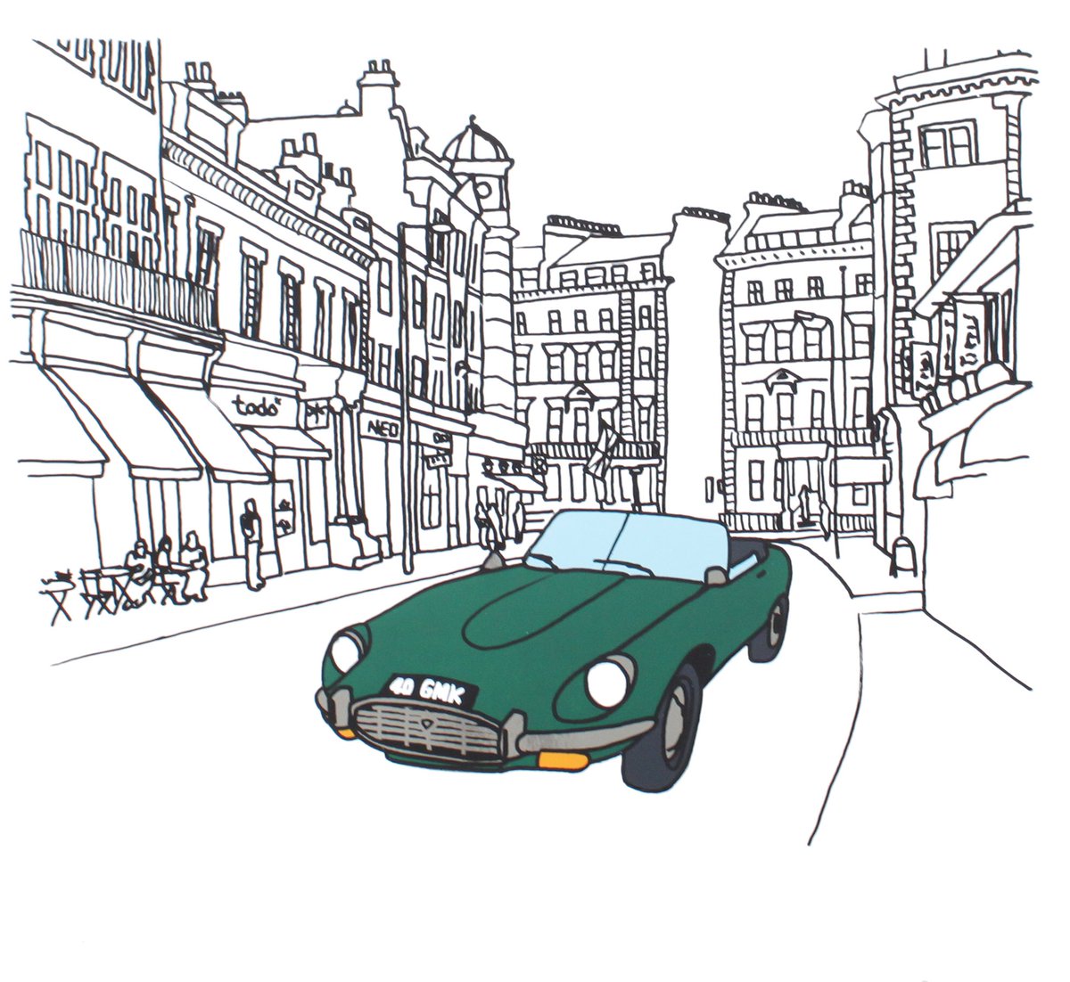 frankkiely's tweet photo. Here is my Daddies #Etype seen in @SouthKensington in British Racing Green of course #screenprint available @TAGFineArts #SouthKen #Albertopolis #LondonArt @Jaguar @EType_UK @EtypeClub https://t.co/VnQWkgBDSx