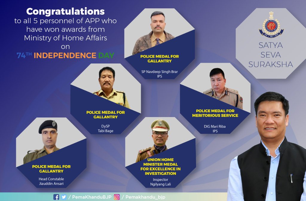 PemaKhanduBJP's tweet photo. Proud moment for state as Arunachal Pradesh Police (APP) brings laurels. Five police personnel from state won awards from Ministry of Home Affairs this Independence Day. https://t.co/myA6a9w11k