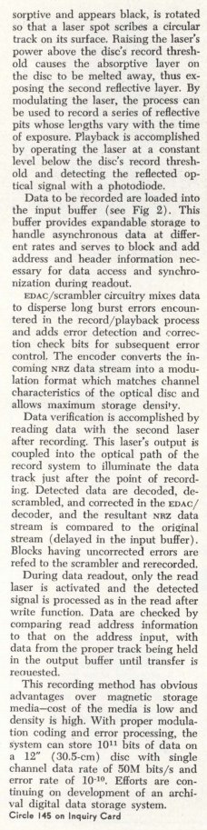 here's a competing WORM disk system from RCA. they claimed 10x the capacity of the Philips system introduced the month before. this system seems to have separate recording and playback lasers.