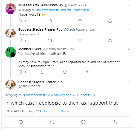 Putting out an official  #Warning about  @StaciePoppers for SUPPORTING an on-blast account and their comments made of "KYS" and other death-wish CONFIRMED harassment at our account.This is DISGUSTING behavior/sentiment, again being done by an owned sub of  @FLPrincessSJK.  https://twitter.com/StaciePoppers/status/1295018988041383936