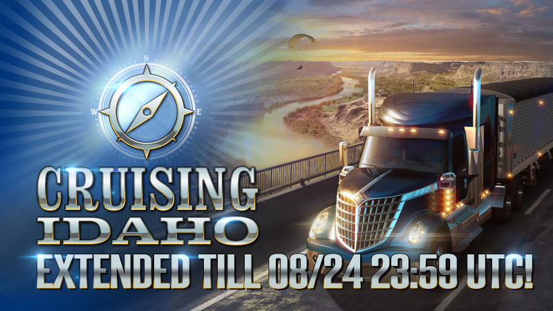 SCSsoftware's tweet photo. With the feedback and wishes from our #BestCommunityEver, we've decided to extend the #CruisingIdaho event till 08/24/2020 23:59 UTC!🕛

Hopefully, this will provide a fair chance to earn the event rewards for everyone who hasn't passed the personal goal requirements yet! 🚛😉 https://t.co/MEvyKRAS2O