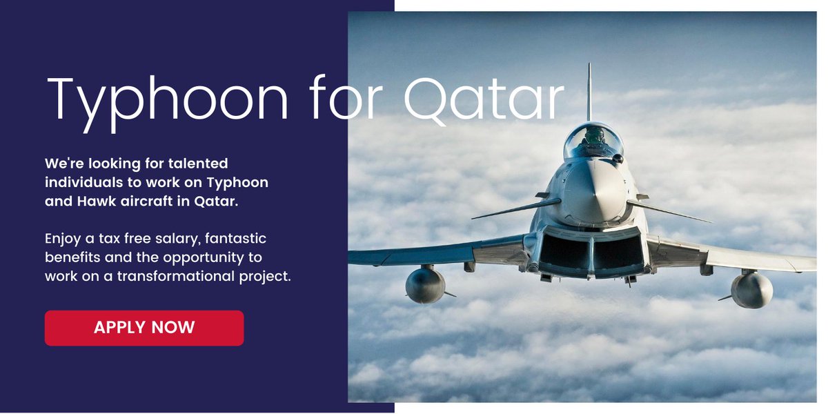 MorsonGroup's tweet photo. 🛫 We're looking for talented individuals to work on #Typhoon and #Hawk aircraft in #Qatar.

✅ Tax free salary
✅ Fantastic benefits
✅ Work on a transformational project 

👉 https://t.co/jS9SiXWlbp 

#aerospaceengineering #aerospaceanddefense #fastjet #aerospaceengineer https://t.co/eGt90Lakzi