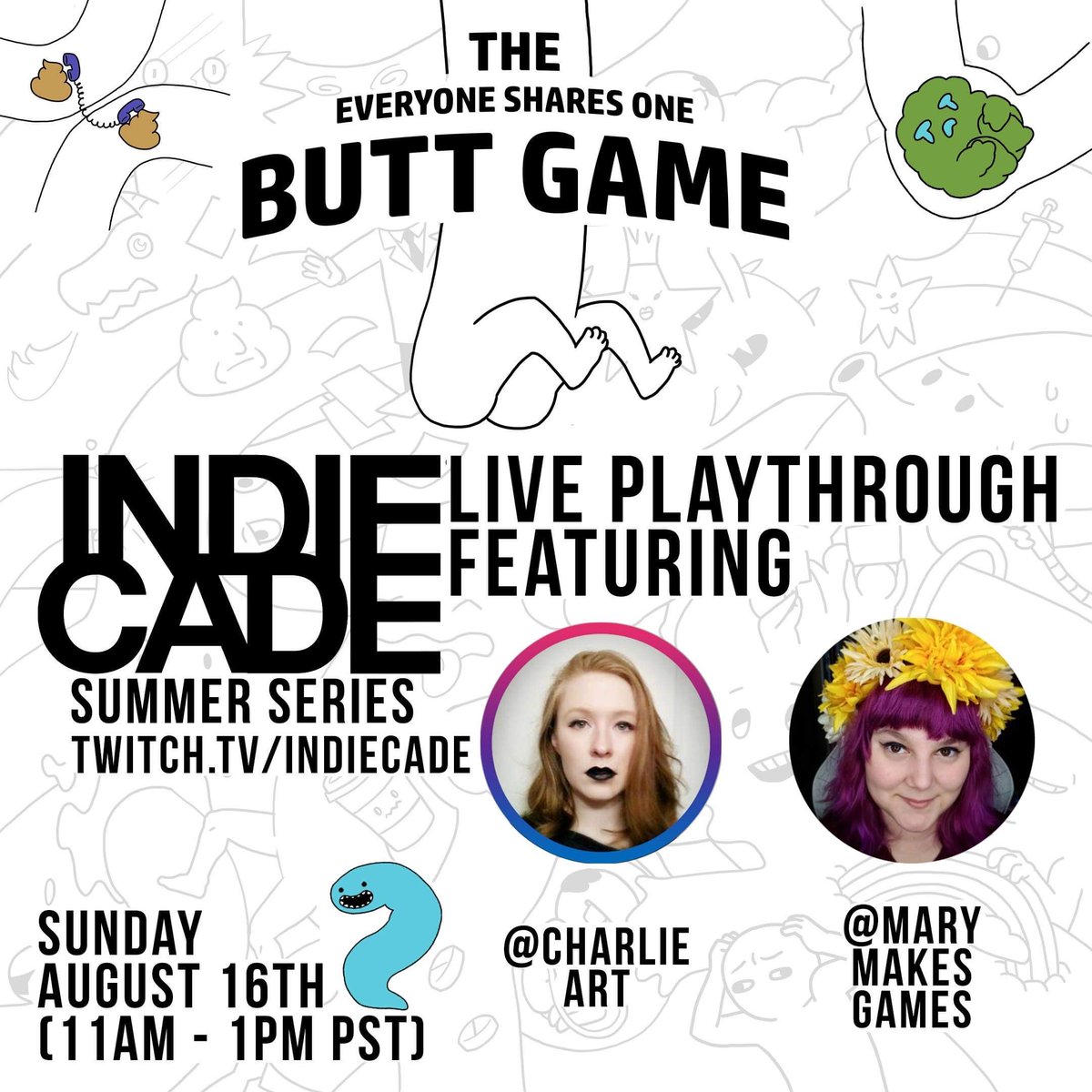 CharlieArtifact's tweet photo. Reminder! I am Going live on @IndieCade 's twitch channel in 2 HOURS! Come watch @marymakesgames and I play @TheButtGame ! 
https://t.co/K9OeSB2gp2 https://t.co/pmmT1Ufskx