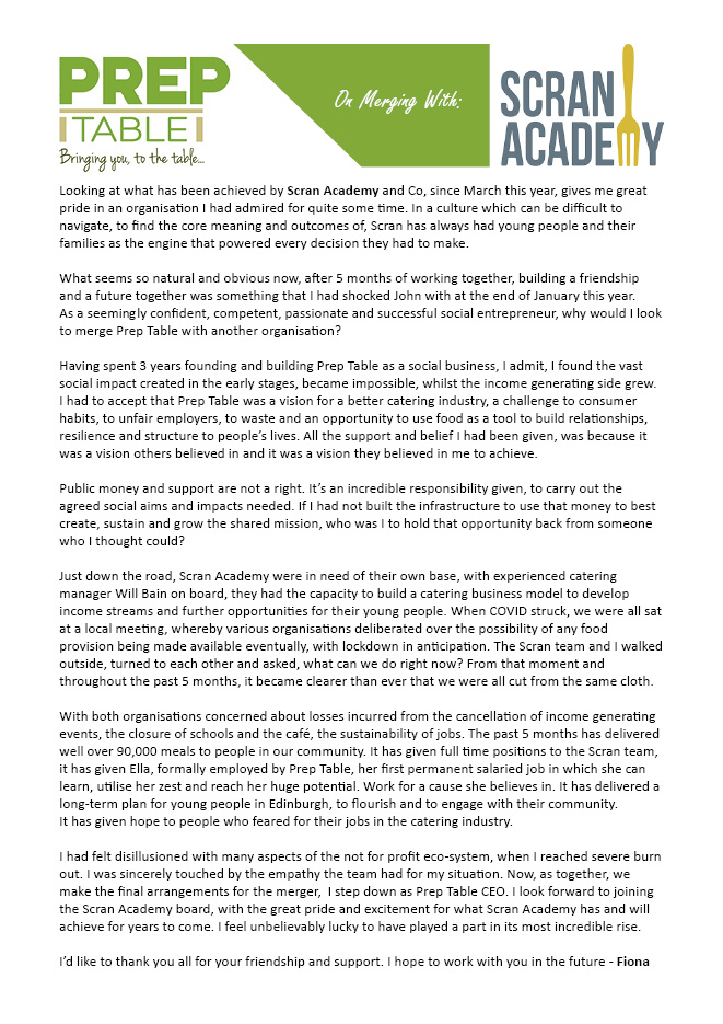 Here's my personal story, as founder, on merging with <a href="/ScranAcademy/">ScranAcademy</a> - Fiona