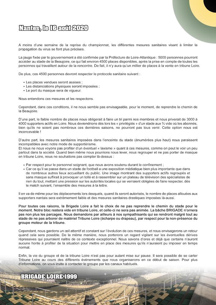 RomainGaudin's tweet image. La Brigade Loire ne reprendra pas le chemin du stade pour l’instant.
Le communiqué ci-dessous (brigadeloire.fr).