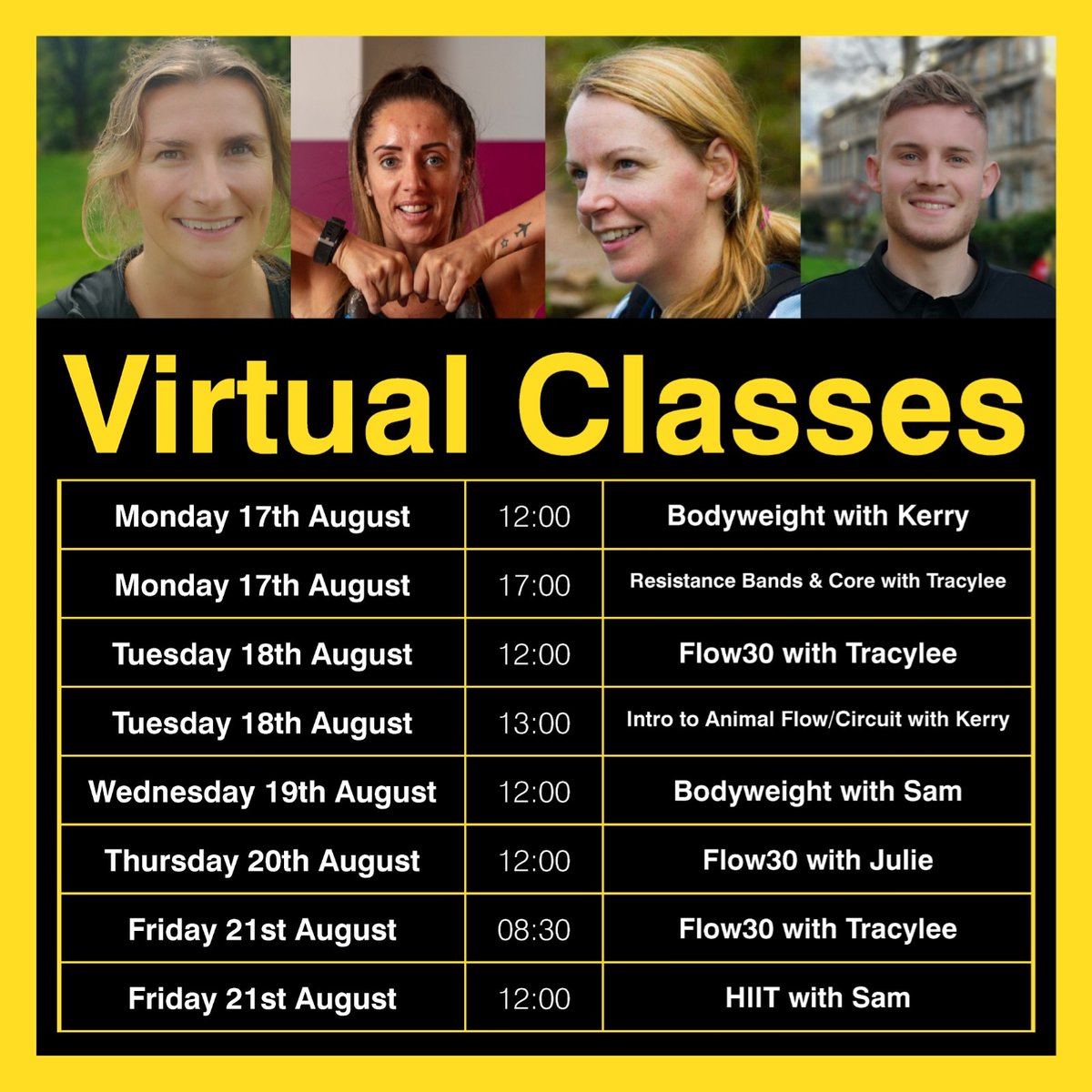 UofGSport's tweet photo. This week's #uofgsport class timetable. A few new ones to try too! Have you tried #resistancebands or #animalflow?? Download our APP and join our team for some great #workouts

#teamuofg #fitness #wellbeing #WorkoutFromHome #motivation #Move4Mind #bodyweight #fitnessapp #pilates https://t.co/ISn7aWfutE