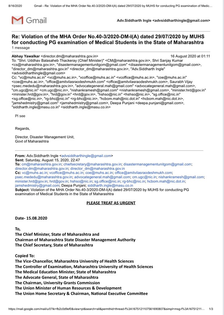 masuforjustice's tweet photo. We Wrote to @CMOMaharashtra &amp; Chairman of the SDMA,Other Authorities &amp; To Hon’ble SC &amp; BHV
for the @muhsnashik violation of the order no.40-3/2020-DM-I(A) issued by the @PIBHomeAffairs dtd 29/07/2020 by conducting PG exams for medical students starting tomorrow. @AmitV_Deshmukh https://t.co/QTN9XfRuHK