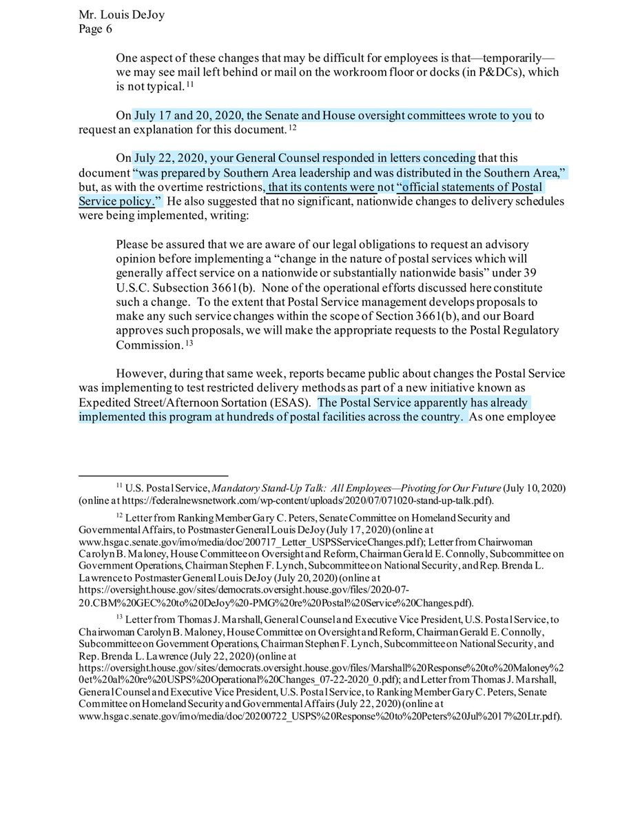 8/14/20 letter cont...“during a meeting with Speaker Nancy Pelosi & Senate Leader Chuck Schumer on August 5, 2020, you seemed to admit that, in fact, you had personally approved certain limitations on the use of overtime, but you failed to explain what those limitations are”