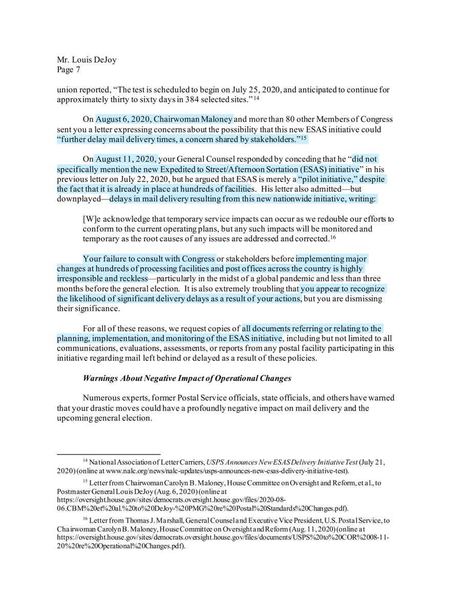 8/14/20 letter cont...“during a meeting with Speaker Nancy Pelosi & Senate Leader Chuck Schumer on August 5, 2020, you seemed to admit that, in fact, you had personally approved certain limitations on the use of overtime, but you failed to explain what those limitations are”