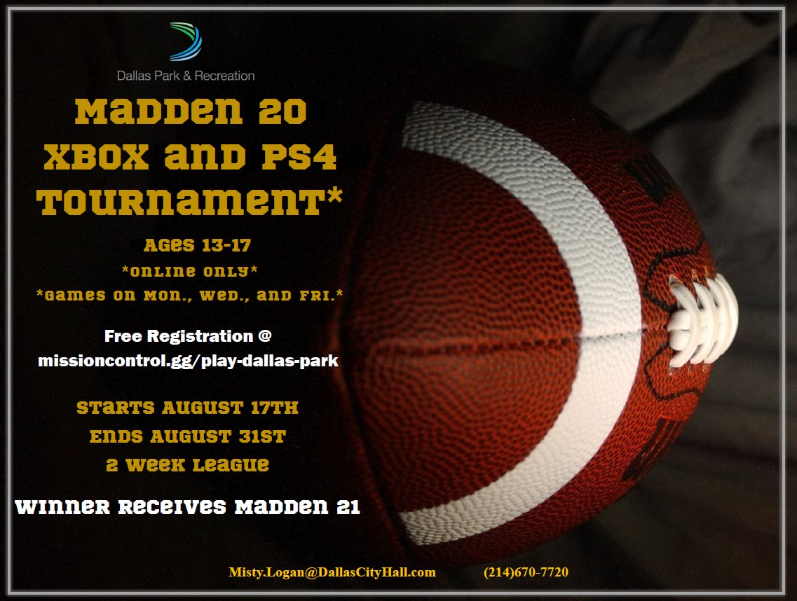 Last day to register for #DallasParks #Esports #Madden20 tournament! #Gamers ages 13-17 now is YOUR time to shine! Compete from home to become #DallasParks next #Madden20 champ! Just download the free Mission Control app, select Dallas Park &amp; Rec!  missioncontrol.gg/play-dallas-pa…
