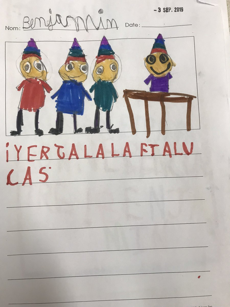 About six weeks into school, parents meet the teacher for Grade 1. I’m sitting at my kid’s desk leafing through his work. I stumble across this. Took me 5 minutes but I finally understood. Laughed my ass off. From a standing start, he’s already writing stories!