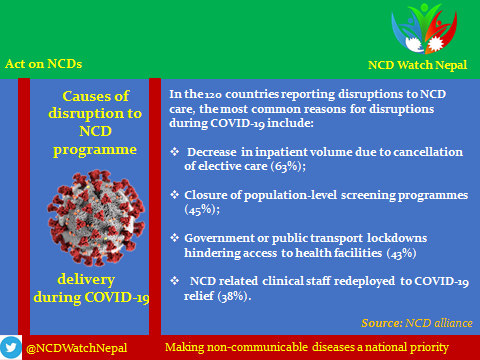 NCDWatchNepal's tweet photo. Causes of disruption to the #NCDs program during COVID-19
👇👇👇
#ActOnNCDs #enoughNCDs #NepalBeatNCDs #NCDWatch #Nepal🥦🍎🍇🚵♂️🚴♀️🇳🇵
Details at @ncdalliance COVID-19 and Noncommunicable Diseases (NCDs)Media Q & A- June 2020 https://t.co/PrWlDTzi6j https://t.co/pGv2AOXKXP