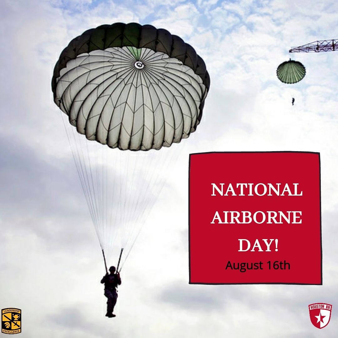 HoustonArmyROTC's tweet photo. “Today, as we celebrate the anniversary of the first official Army parachute jump, I join all Americans in recognizing these heroes. We salute our Nation's sky troopers, both past, and present”

  -– former President G.W. Bush, 09 AUG 2001 #airborne #uhrotc https://t.co/4As6klzF67