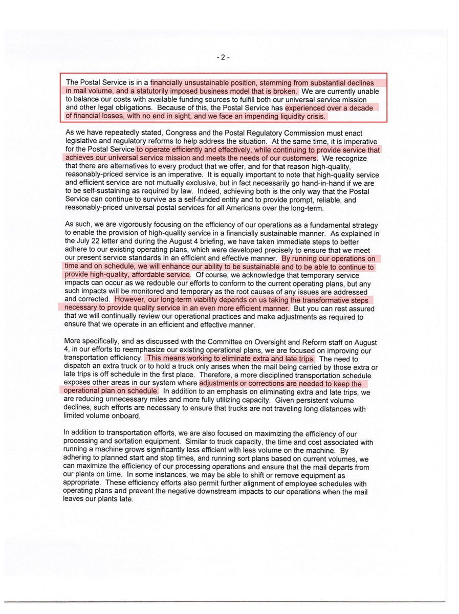 USPS August 11, 2020 response to OverSight“the Postal Service remains fully committed to fulfilling our role in the electoral process by doing everything we can to handle and deliver Election Mail, including ballots, in a timely manner consistent with our operational standard”