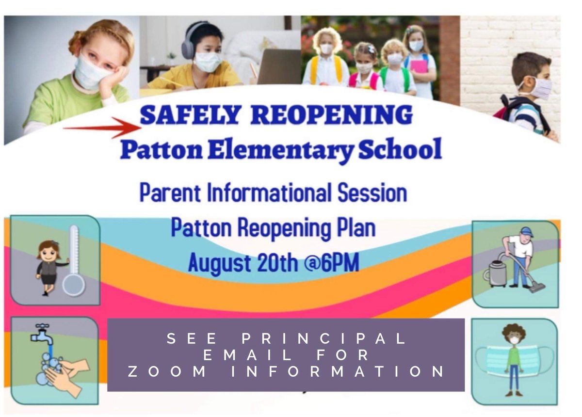 Save the date for Dr. Brantley’s Parent Information Session on Patton’s Reopening Plan! Thursday Aug 20 at 6 pm.