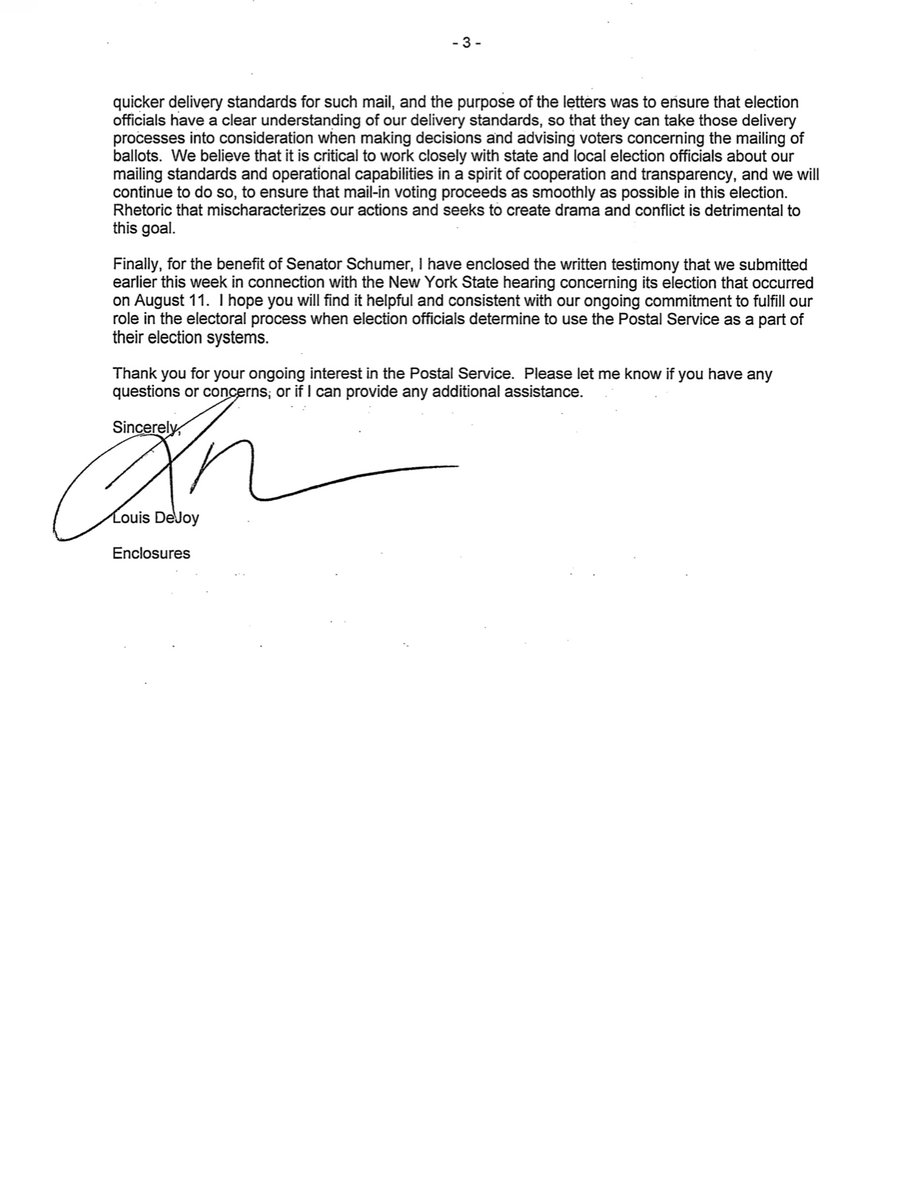 The  @USPS Postmaster General DeJoy’s 8/14/20 gratuitous 3 page written word salad - note the attachments “recognize that there have been unintended consequences related to these efforts that have impacted overall service levels...working feverishly to address service problems.”