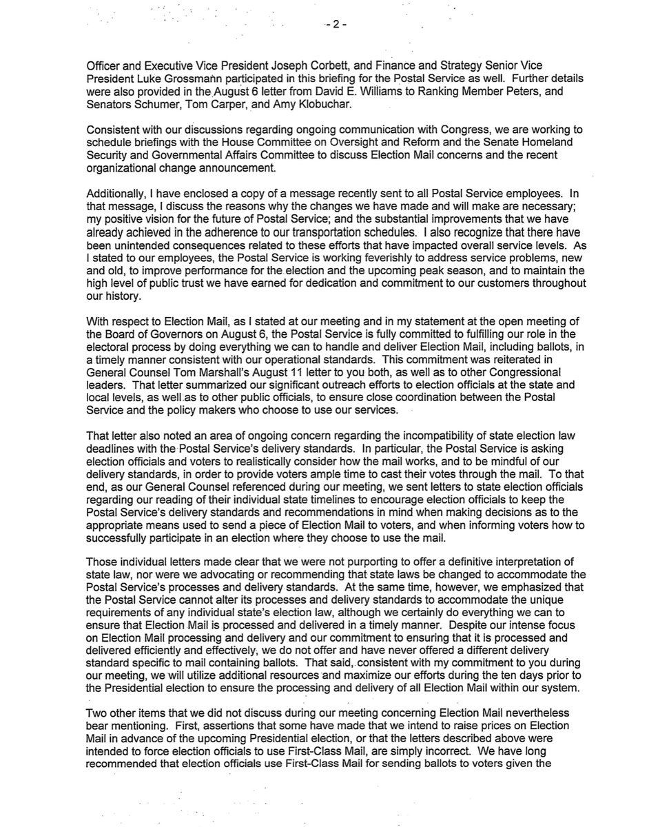 The  @USPS Postmaster General DeJoy’s 8/14/20 gratuitous 3 page written word salad - note the attachments “recognize that there have been unintended consequences related to these efforts that have impacted overall service levels...working feverishly to address service problems.”