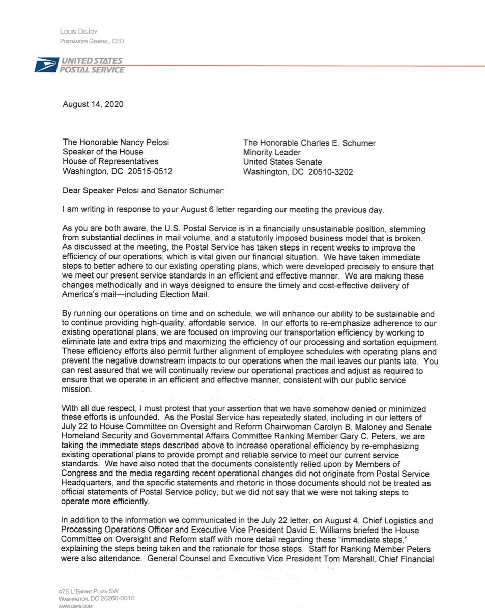 The  @USPS Postmaster General DeJoy’s 8/14/20 gratuitous 3 page written word salad - note the attachments “recognize that there have been unintended consequences related to these efforts that have impacted overall service levels...working feverishly to address service problems.”