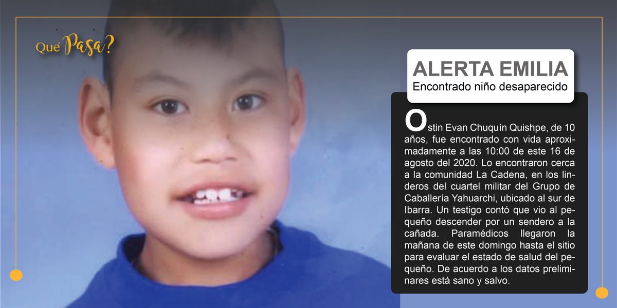 ciudadincognita's tweet photo. #IMPORTANTE🤳
#QuéPasa❓en #Ecuador🇪🇨
📌Ostin Evan Chuquín Quisphe fue #encontrado con #vida en #Imabura. 👀🧒🧑✈️👨✈️🤝
Infórmate aquí 👇
.
#CiudadIncógnitaEC https://t.co/6vHPxdjZy2